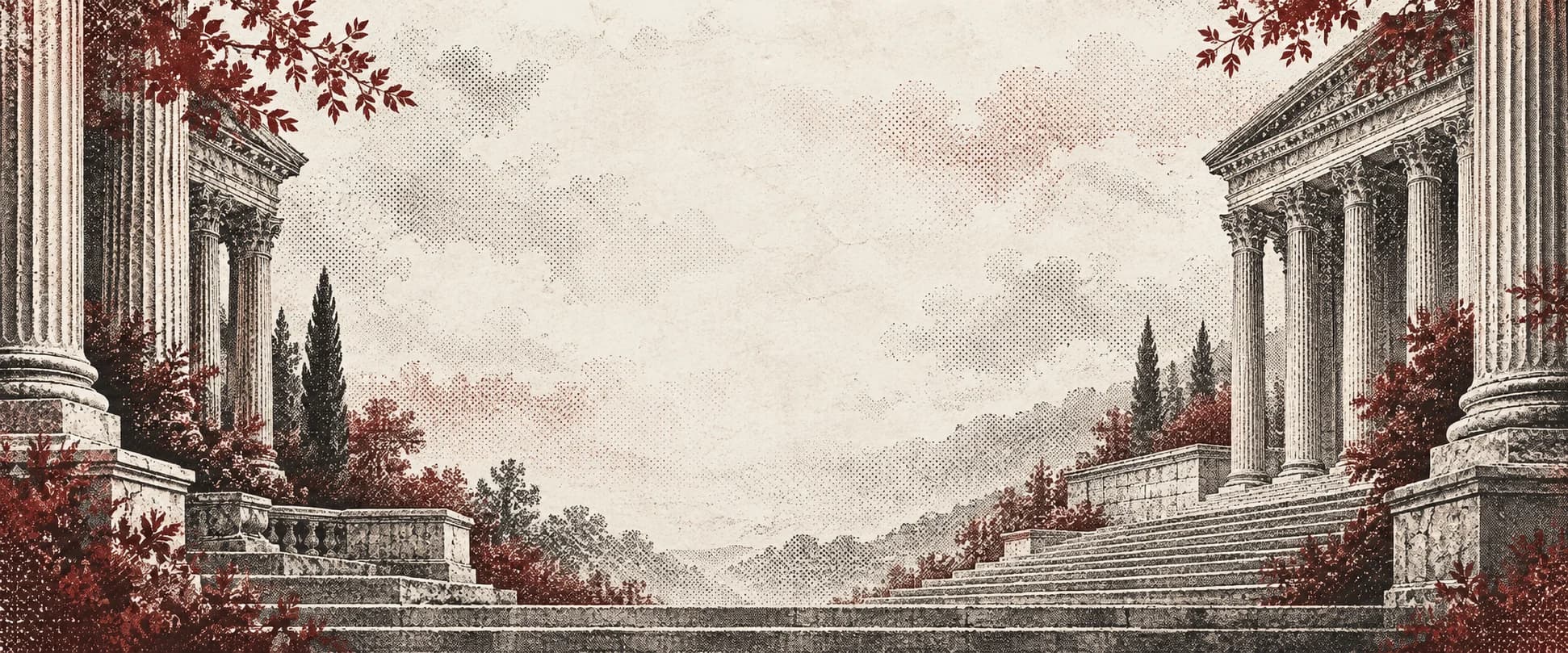 Columnas y escalinatas clásicas en un grabado editorial de semitono rojo y grafito